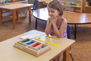 Children practicing Montessori math using bead chains to learn multiplication.