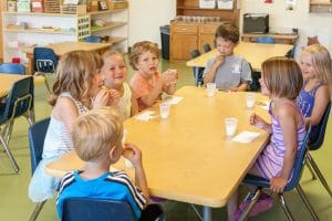 Group of children exploring nature in a Montessori outdoor classroom, identifying plants and insects.