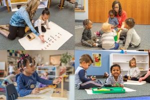 Children practicing Montessori math using bead chains to learn multiplication.